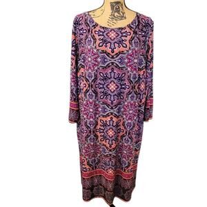 22W Wisp Geometric Kaleidescope Print Long Sleeve Shift Dress